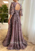 Purple Low V-Neck A-Line  Evening Gowns with Flutter Sleeves and Embroidery