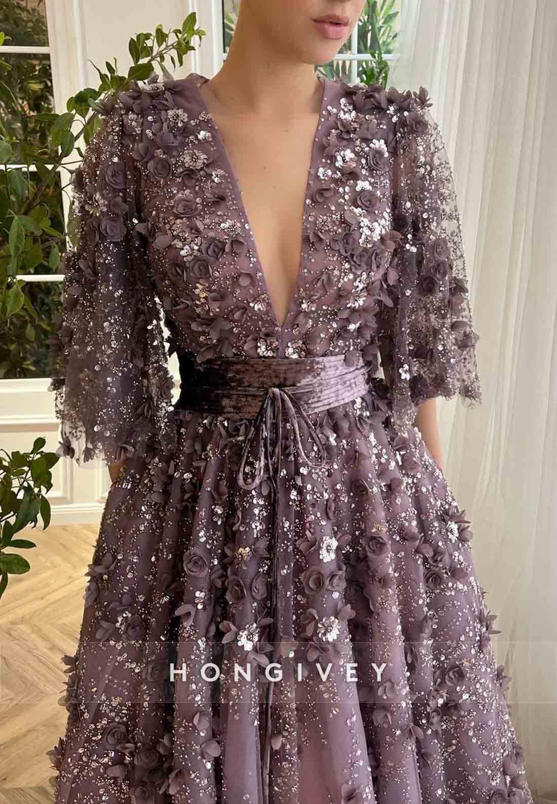 Purple Low V-Neck A-Line  Evening Gowns with Flutter Sleeves and Embroidery