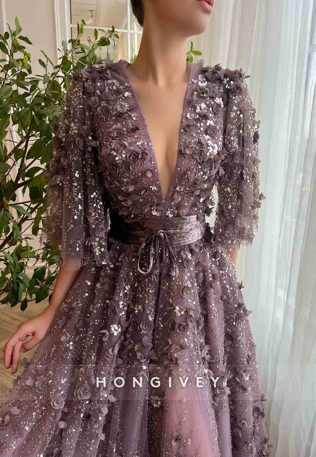 Purple Low V-Neck A-Line  Evening Gowns with Flutter Sleeves and Embroidery