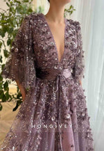 Purple Low V-Neck A-Line  Evening Gowns with Flutter Sleeves and Embroidery