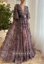 Purple Low V-Neck A-Line  Evening Gowns with Flutter Sleeves and Embroidery