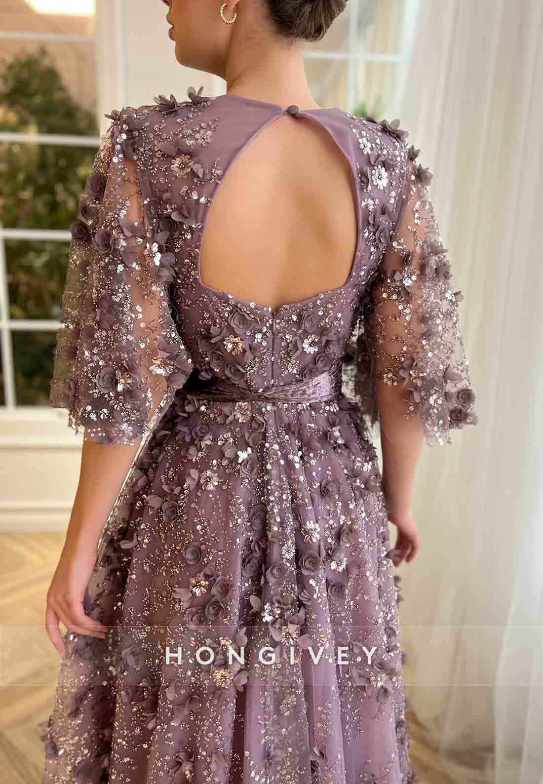 Purple Low V-Neck A-Line  Evening Gowns with Flutter Sleeves and Embroidery