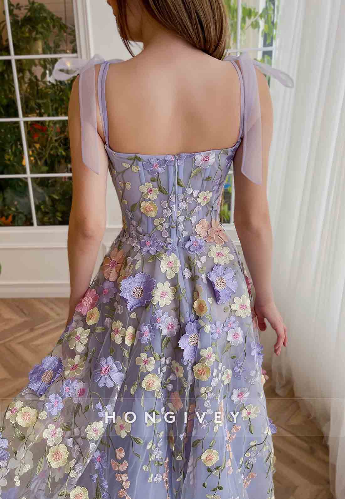 Purple A-Line Midi Dress with Spaghetti Straps and Embroidered Flowers