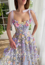 Purple A-Line Midi Dress with Spaghetti Straps and Embroidered Flowers