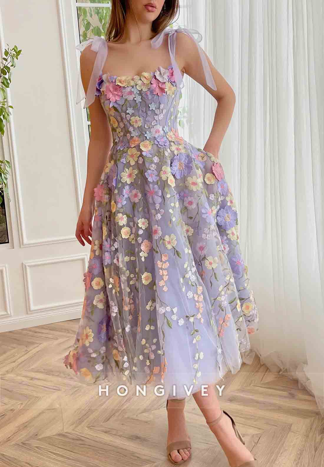 Purple A-Line Midi Dress with Spaghetti Straps and Embroidered Flowers