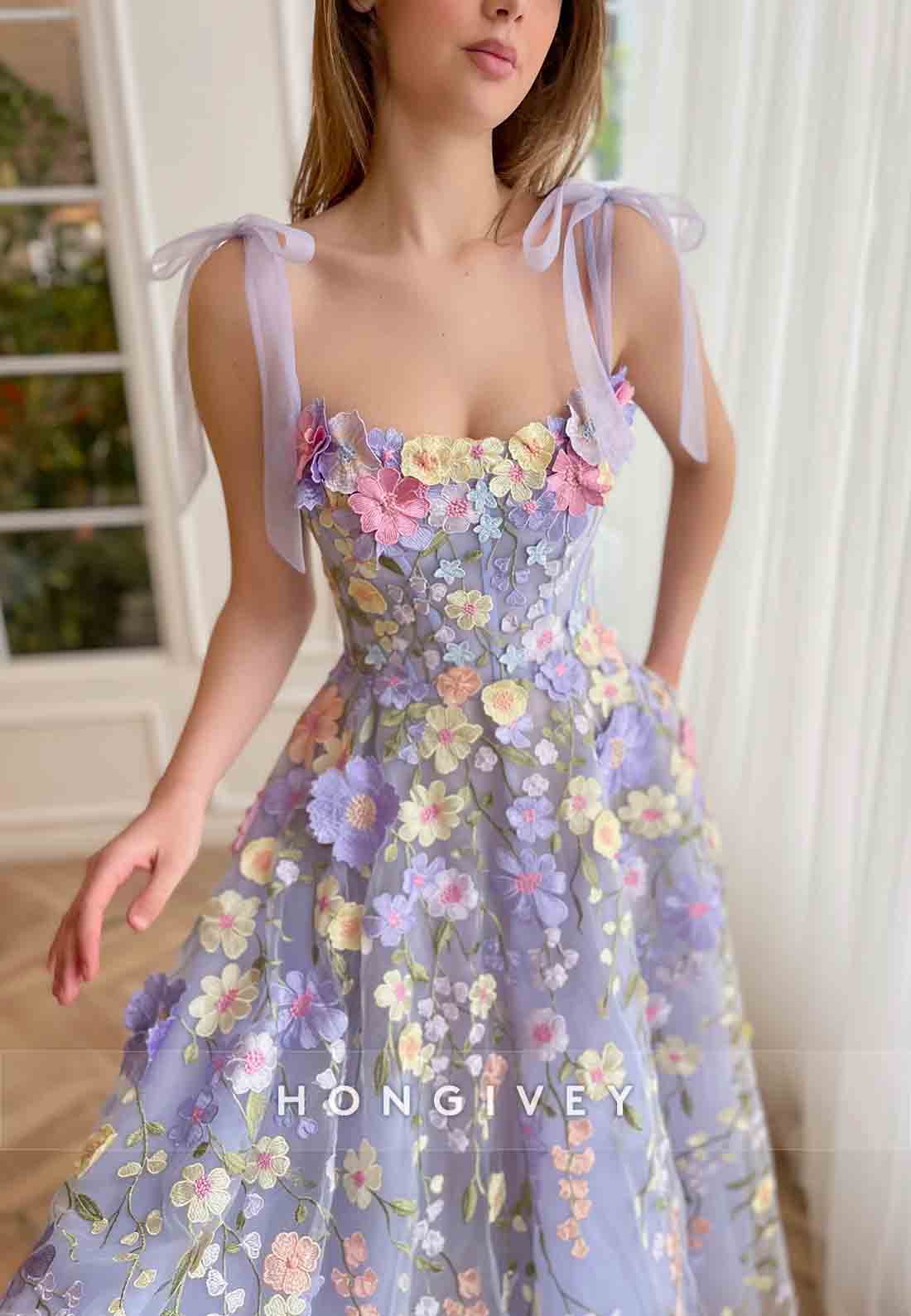 Purple A-Line Midi Dress with Spaghetti Straps and Embroidered Flowers