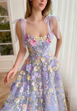 Purple A-Line Midi Dress with Spaghetti Straps and Embroidered Flowers