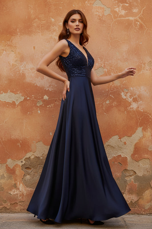 Blue Sequin A-Line Sparkle Mother of the Bride Evening Dress