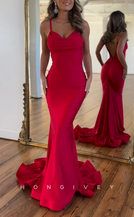 L2677 - Sexy Satin Trumpet Sweetheart Spaghetti Straps With Train Party Prom Evening Dress