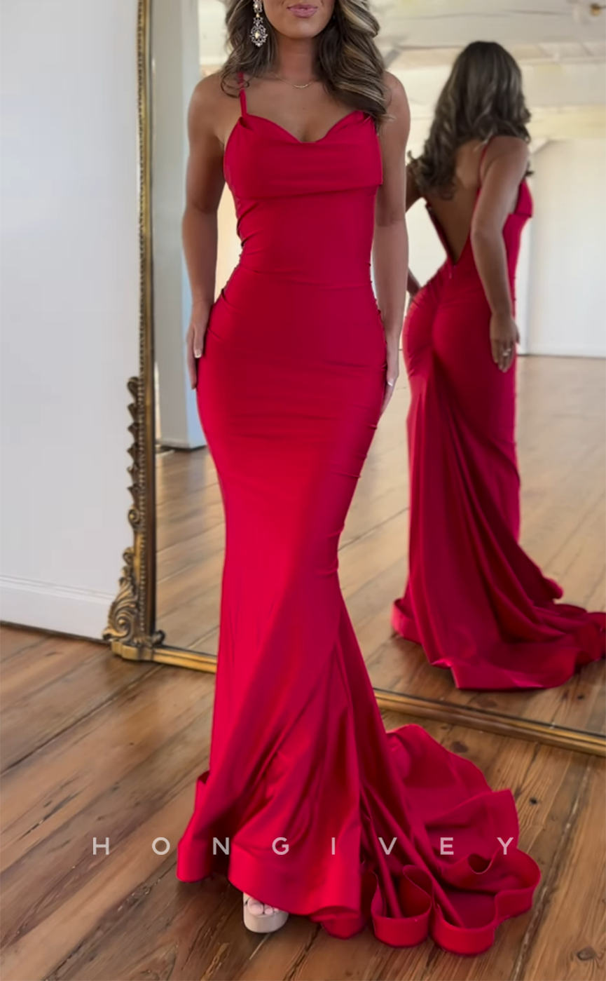 L2677 - Sexy Satin Trumpet Sweetheart Spaghetti Straps With Train Party Prom Evening Dress