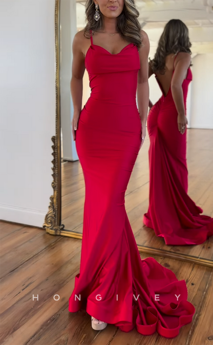 L2677 - Sexy Satin Trumpet Sweetheart Spaghetti Straps With Train Party Prom Evening Dress