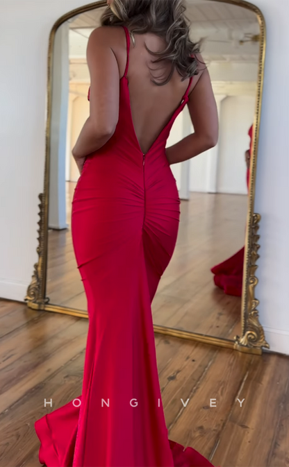 L2677 - Sexy Satin Trumpet Sweetheart Spaghetti Straps With Train Party Prom Evening Dress