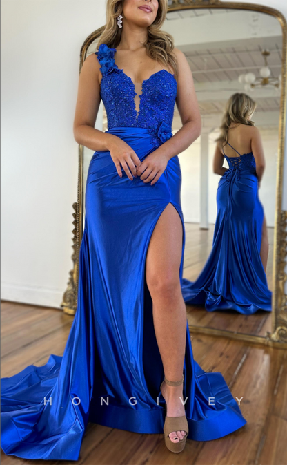 L2678 - One Shoulder Empire Beaded Lace Applique With Side Slit Party Prom Evening Dress