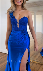 L2678 - One Shoulder Empire Beaded Lace Applique With Side Slit Party Prom Evening Dress