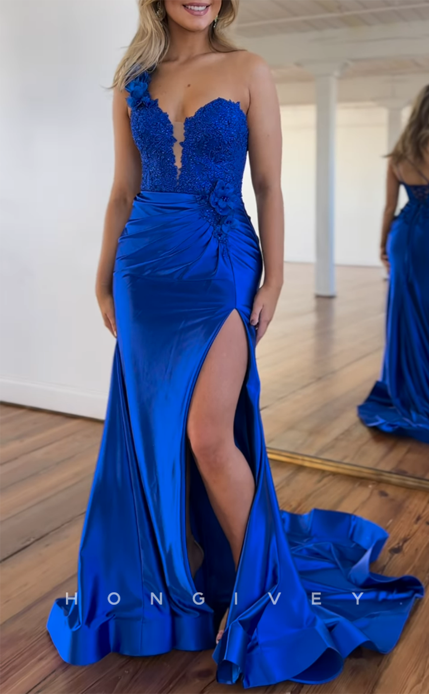 L2678 - One Shoulder Empire Beaded Lace Applique With Side Slit Party Prom Evening Dress