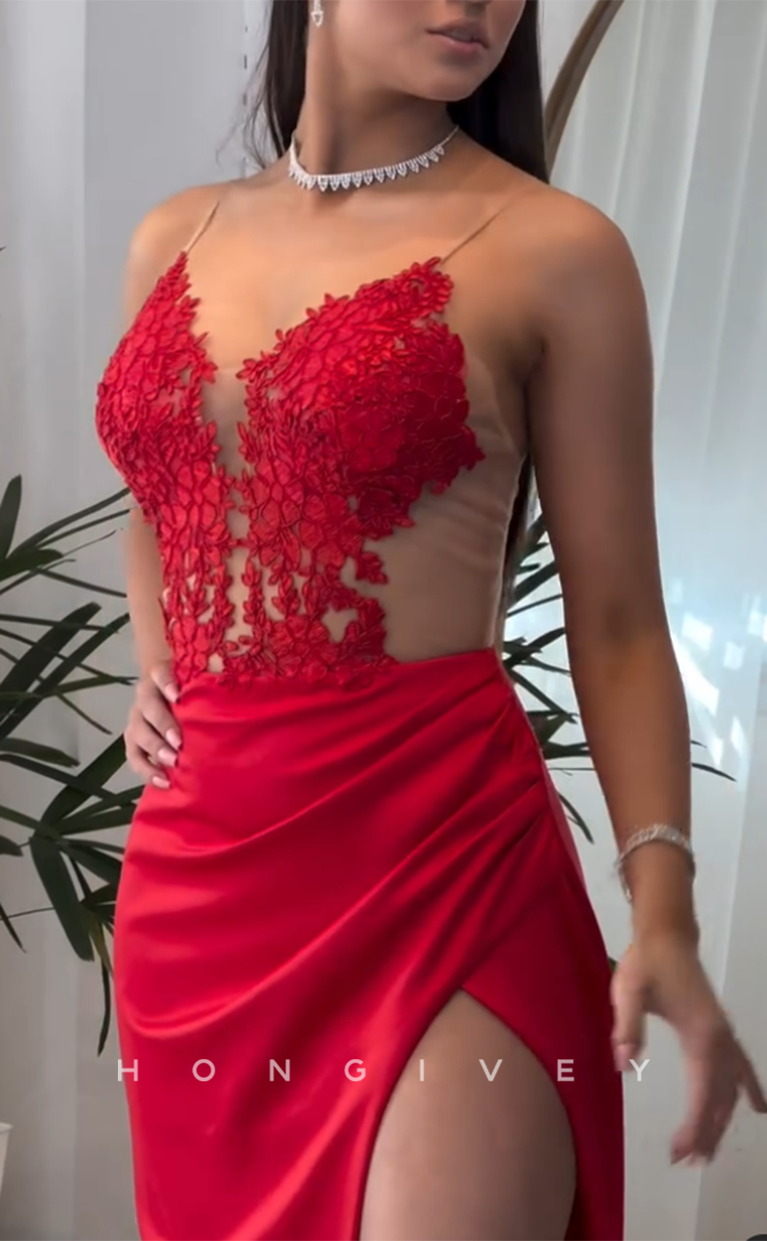 L2885 - Sexy V-Neck Spaghetti Straps Appliques With Side Slit Party Prom Evening Dress