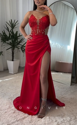 L2885 - Sexy V-Neck Spaghetti Straps Appliques With Side Slit Party Prom Evening Dress