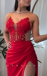 L2885 - Sexy V-Neck Spaghetti Straps Appliques With Side Slit Party Prom Evening Dress