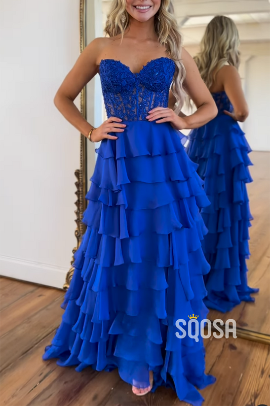 L2819 - Sweetheart Strapless A-Line Appliques Tiered Party Prom Evening Dress