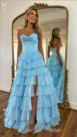 HONGIVEY Tiered A-Line Tulle Prom Dress 2025 Strapless Sweetheart Side Slit Party Gown