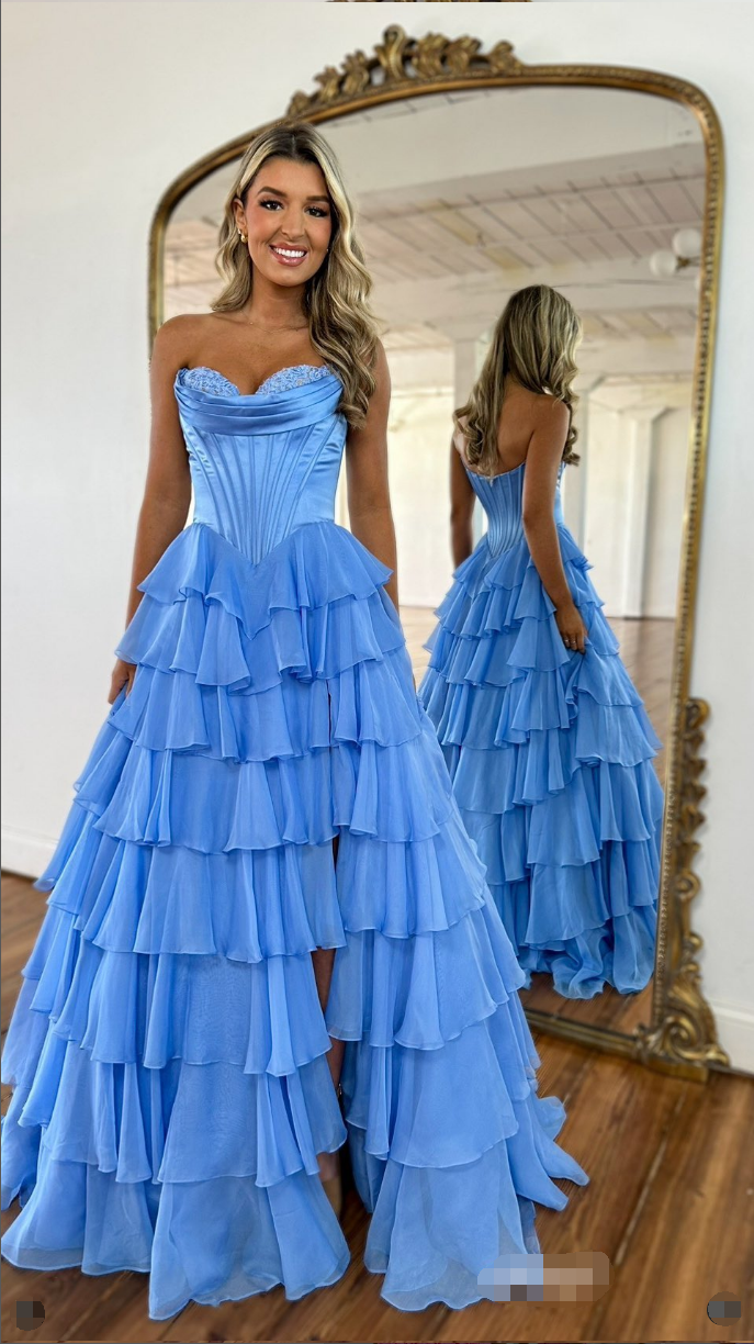 HONGIVEY Tiered A-Line Tulle Prom Dress 2025 Strapless Sweetheart Side Slit Party Gown