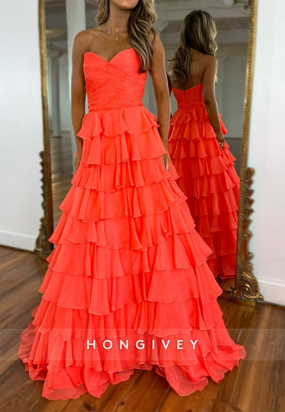 A-Line Tiered Sweetheart Ruched Simple  Evening  Prom Dresses with Train