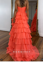 A-Line Tiered Sweetheart Ruched Simple  Evening  Prom Dresses with Train