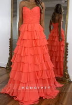 A-Line Tiered Sweetheart Ruched Simple  Evening  Prom Dresses with Train