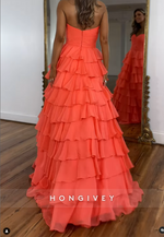 A-Line Tiered Sweetheart Ruched Simple  Evening  Prom Dresses with Train