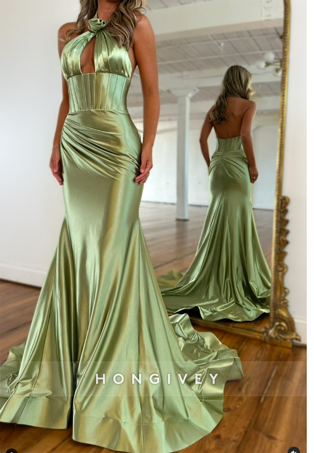 Cross-Neck Floral Embossed Mermaid Long Prom Dresses With Sweep Train