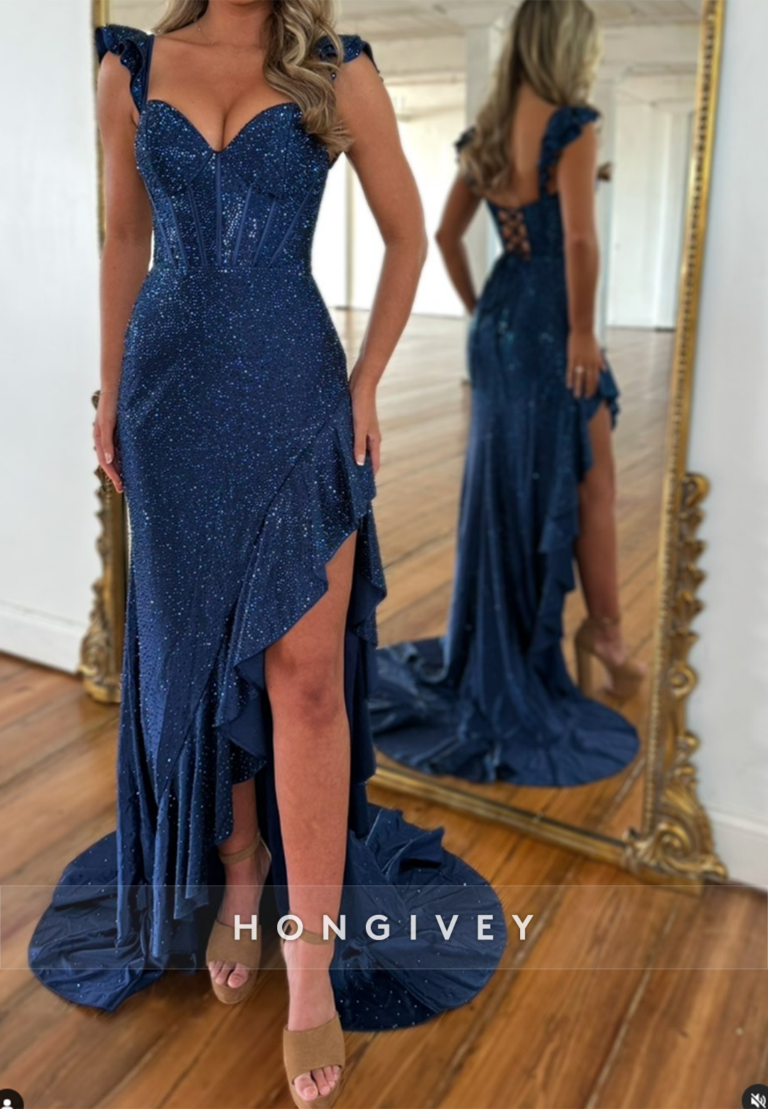 Fully Sequined Strap Side Slit Guest  Prom Dresses with Sweep Train