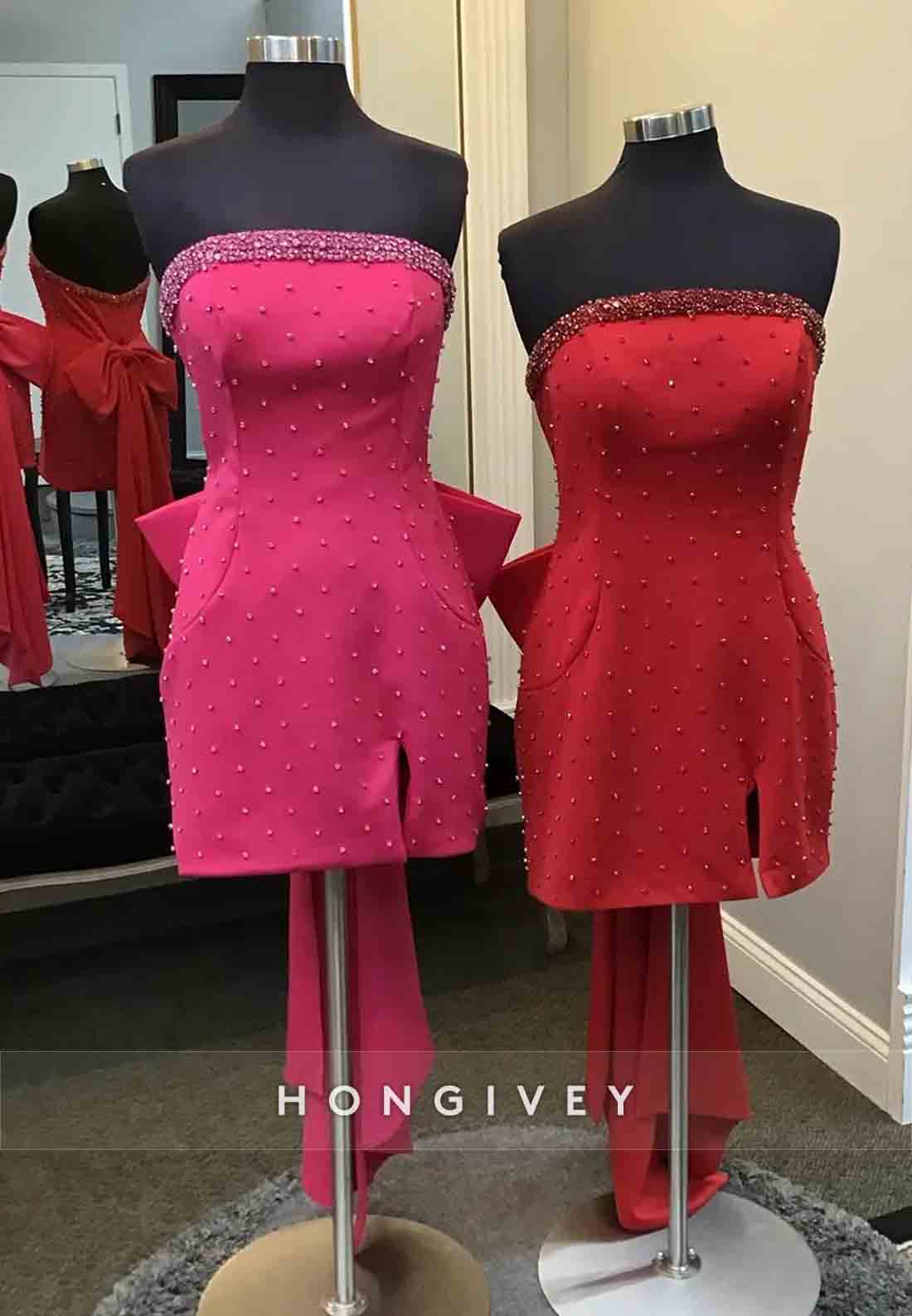 Strapless V-Neck Side Slit Sheath Homecoming Dresses with Back Bowknot