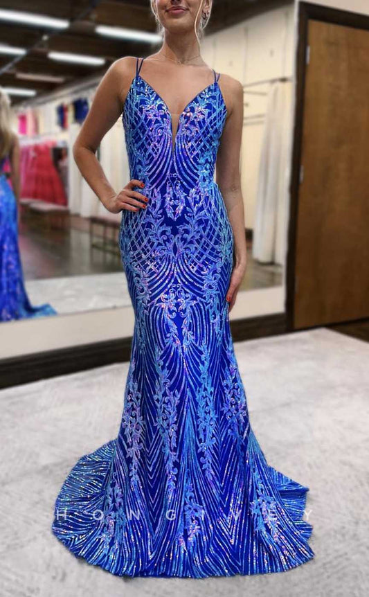 L2889 - V-Neck Spaghetti Straps Sequined Appliques Party Prom Evening Dress