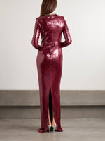 Burgundy Beaded Sequins Sparkle Long Sleeve Mermaid Evening Dress