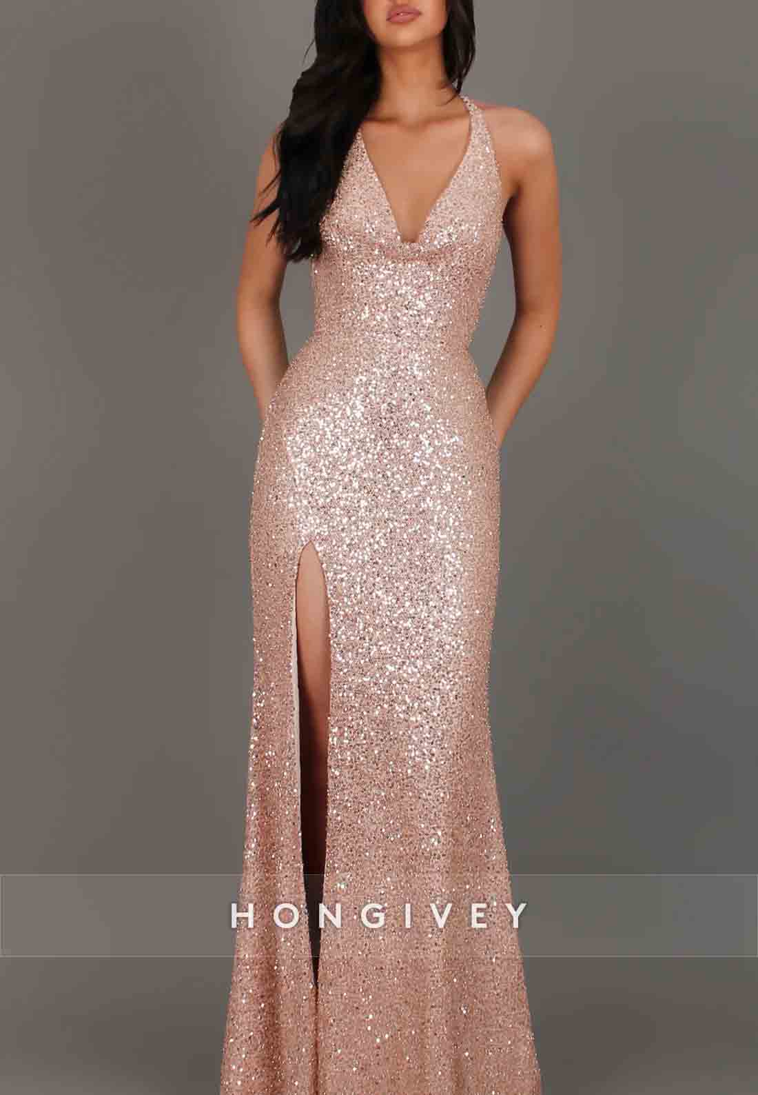 Trumpet Tie Back Sequined High Slit V-Neck Floor-Length Halter Prom Dresses