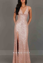 Trumpet Tie Back Sequined High Slit V-Neck Floor-Length Halter Prom Dresses