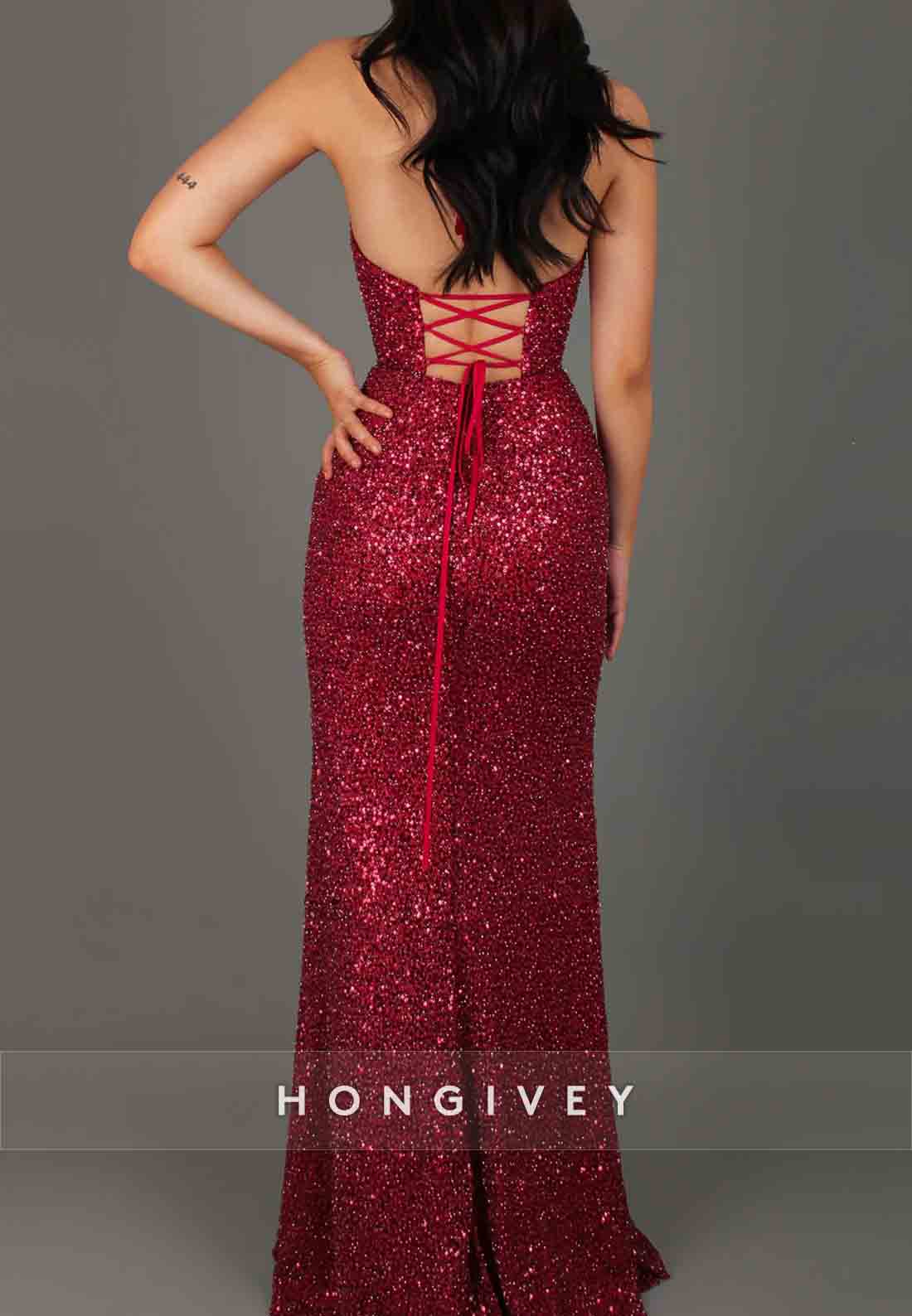 Red Low V-Neck Halter High Slit Tie Back Sequined Prom Dresses