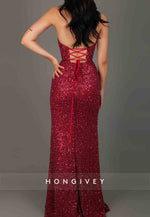 Red Low V-Neck Halter High Slit Tie Back Sequined Prom Dresses