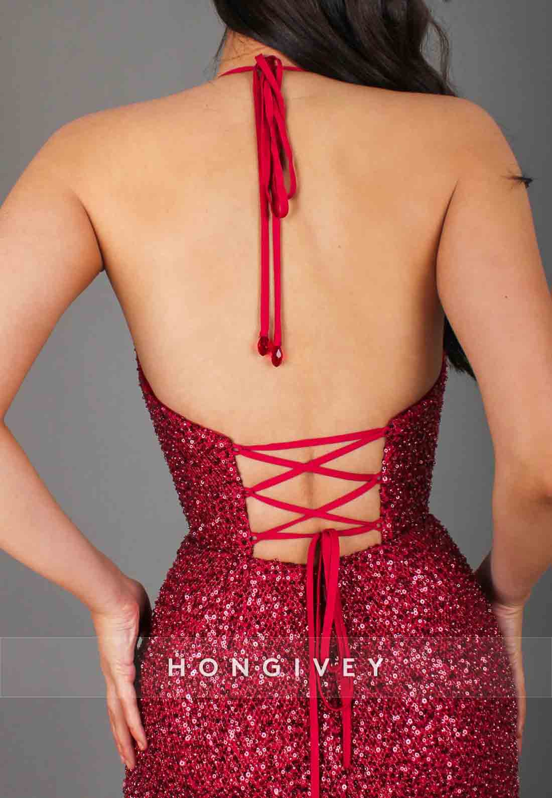 Red Low V-Neck Halter High Slit Tie Back Sequined Prom Dresses