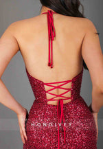 Red Low V-Neck Halter High Slit Tie Back Sequined Prom Dresses