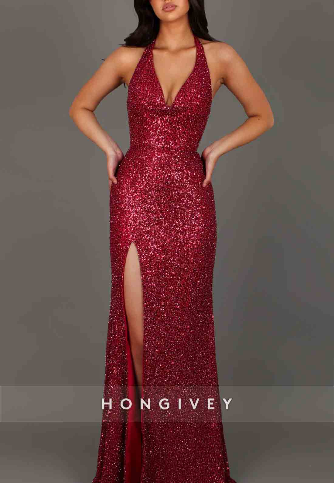 Red Low V-Neck Halter High Slit Tie Back Sequined Prom Dresses