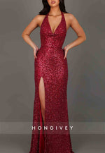 Red Low V-Neck Halter High Slit Tie Back Sequined Prom Dresses