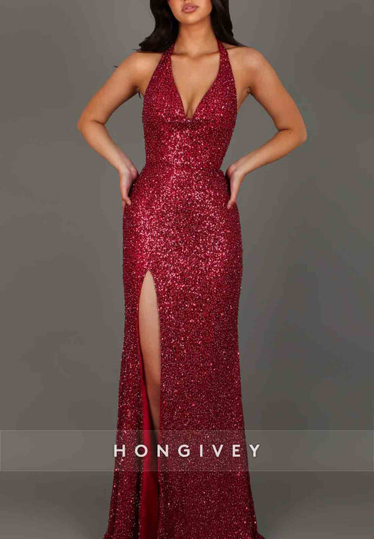Red Low V-Neck Halter High Slit Tie Back Sequined Prom Dresses