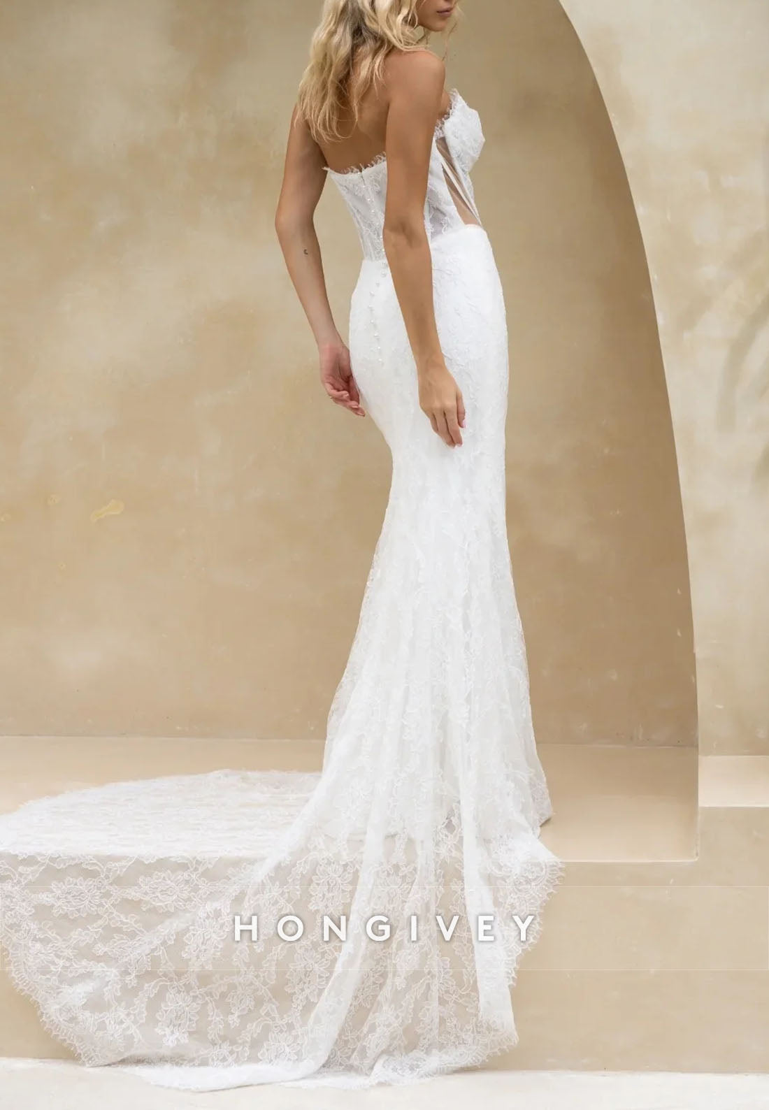 Strapless Lace Court Train Bridal Gowns Sweetheart Mermaid Wedding Dresses