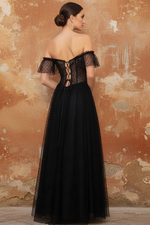 Black Off the Shoulder A-Line Back Lace Up Prom Dress