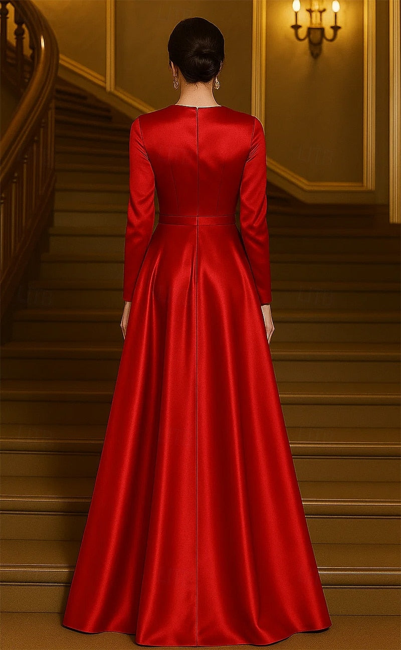 Flower O-Neck Long Sleeve A-Line Floor-Length Evening Dress