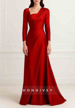 A-Line Evening Gown Formal Wedding Floor Length Long Sleeve Stretch Satin with Pleats Ruched
