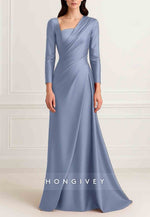 A-Line Evening Gown Formal Wedding Floor Length Long Sleeve Stretch Satin with Pleats Ruched