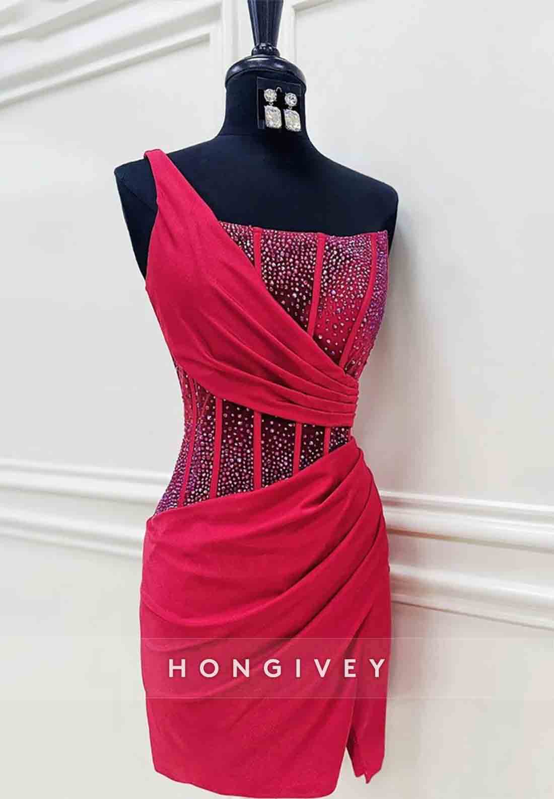 One Shoulder Elastic Satin Sleeveless Sheath Side Slit Low Back Mini Homecoming Dresses