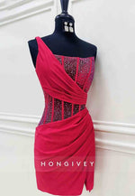 One Shoulder Elastic Satin Sleeveless Sheath Side Slit Low Back Mini Homecoming Dresses